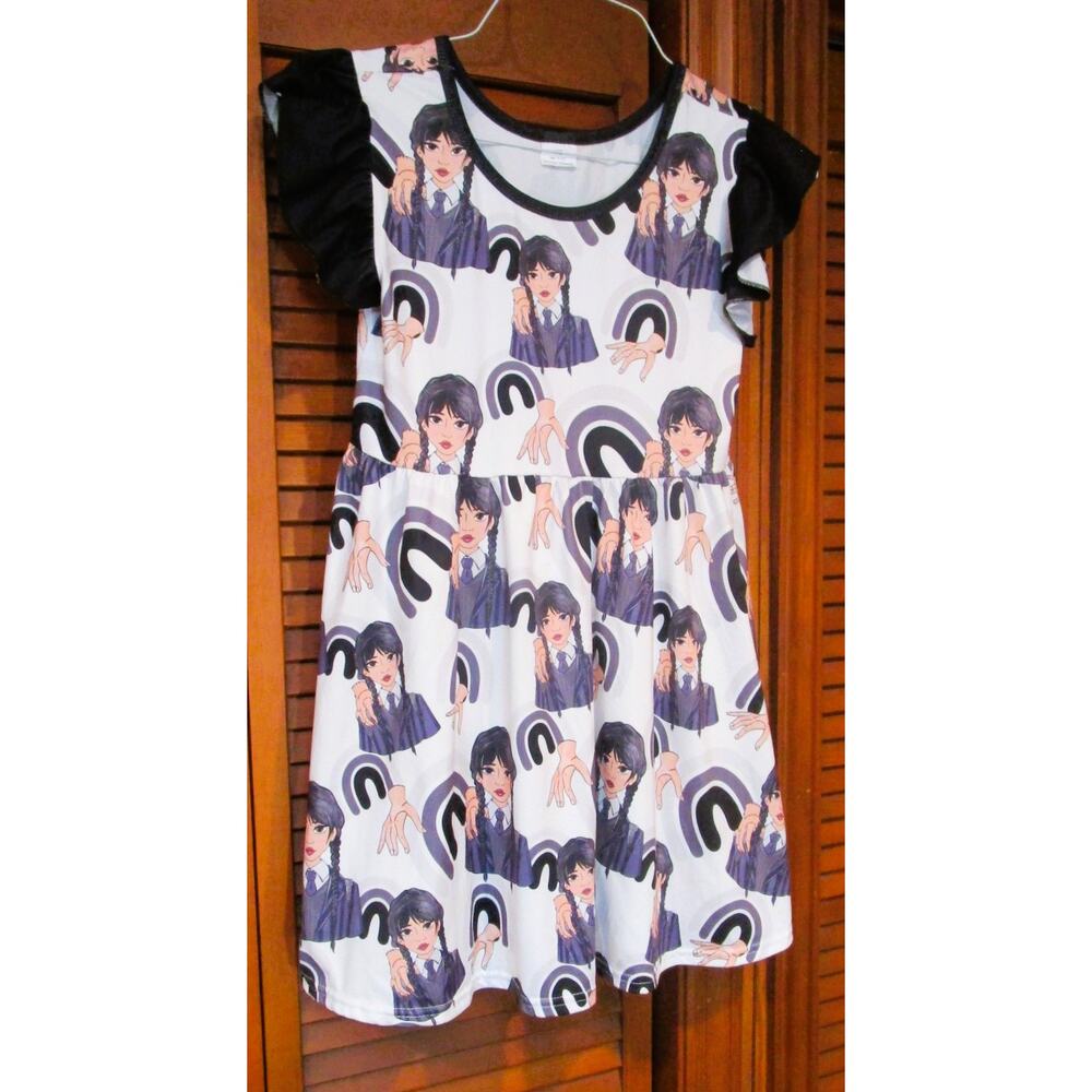 Girls Wednesday Addams Dress Size 10–12 Puff Sleeve Novelty Goth Cartoon Print